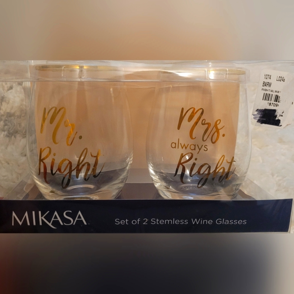 Mikasa Stemless Wine Glasses "Mr. Right      & Mrs. Always Right"